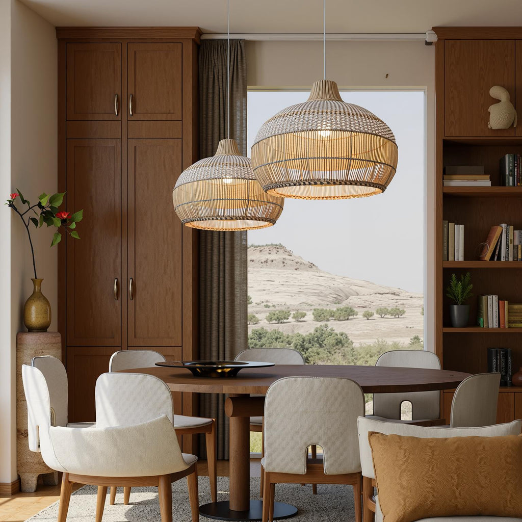 Handwoven Rattan Pendant Light for Kitchen Island – Boho Ceiling Lamp